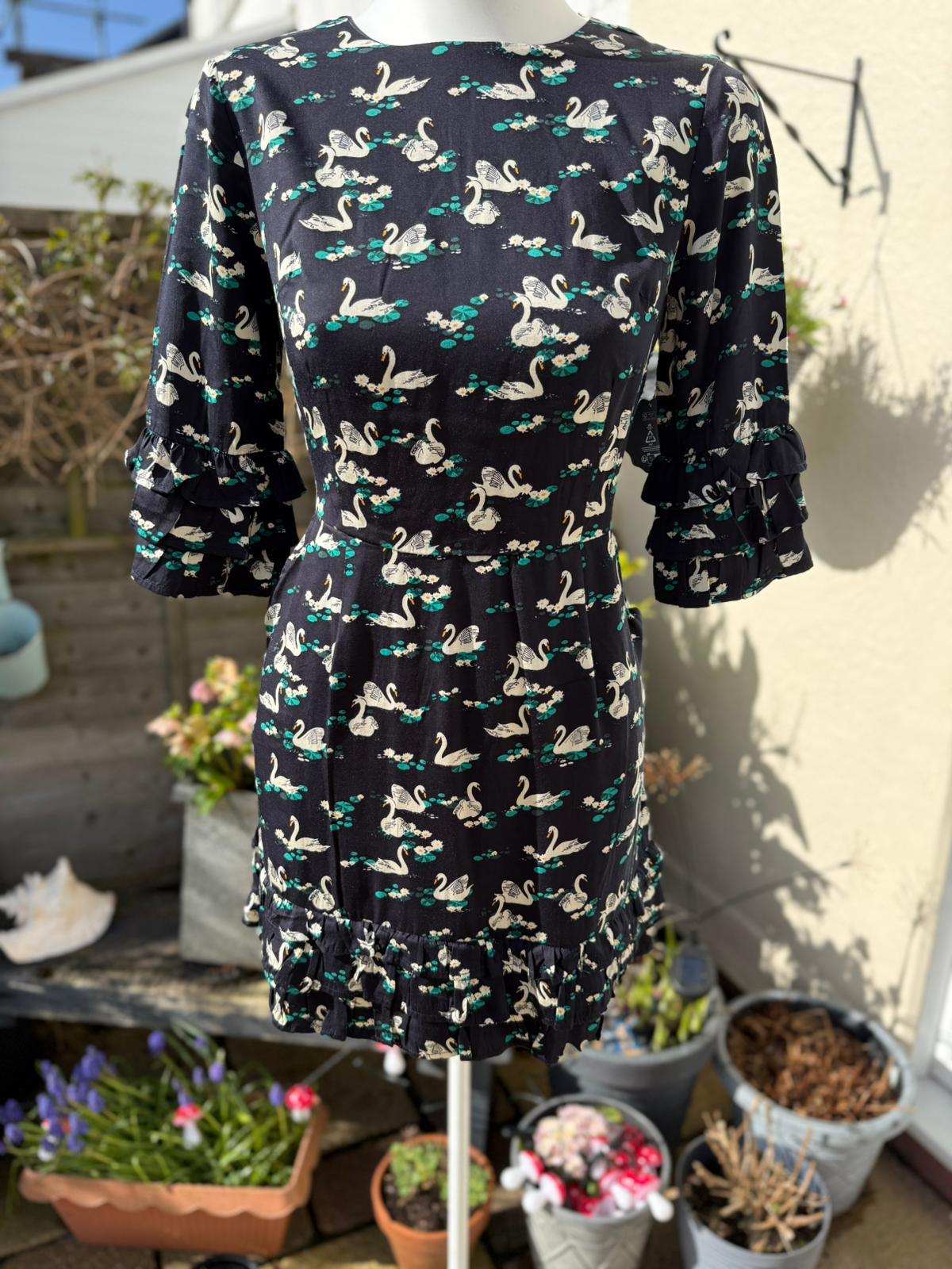 Joanie Womens Caroline Swan Lake Print Ruffle Mini Casual Spring Dress - UK 10