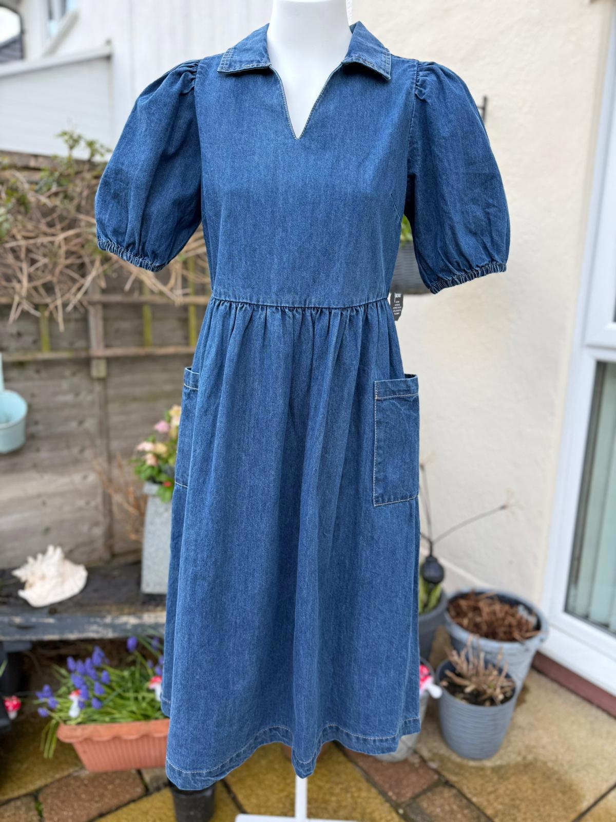 Joanie Womens Jojo Mid Wash Denim Blue Midi Casual Spring Summer Work Dress 10
