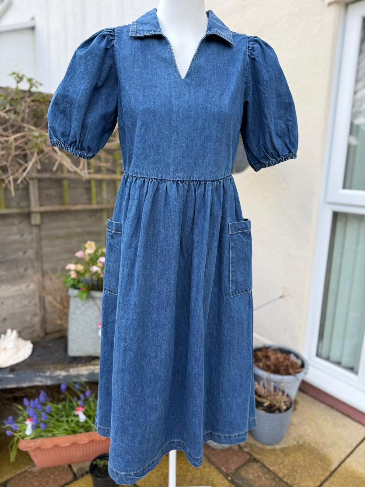 Joanie Womens Jojo Mid Wash Denim Blue Midi Casual Spring Summer Work Dress 10