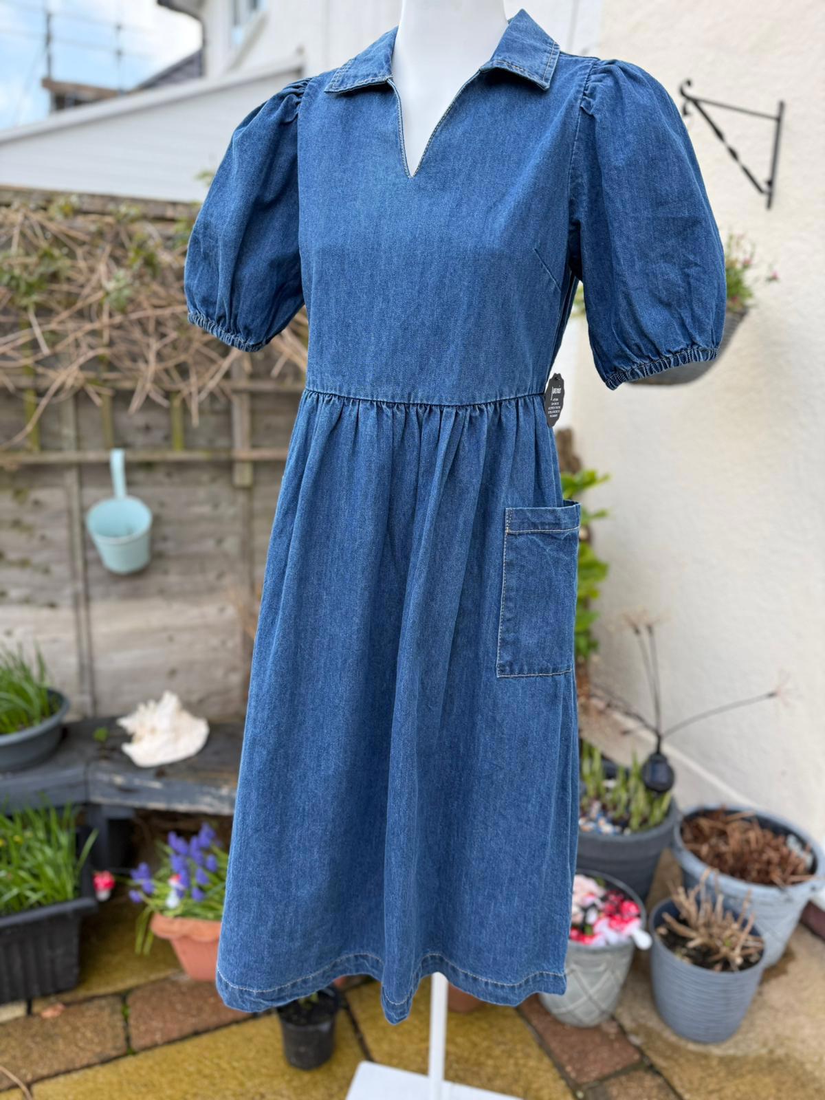 Joanie Womens Jojo Mid Wash Denim Blue Midi Casual Spring Summer Work Dress 10