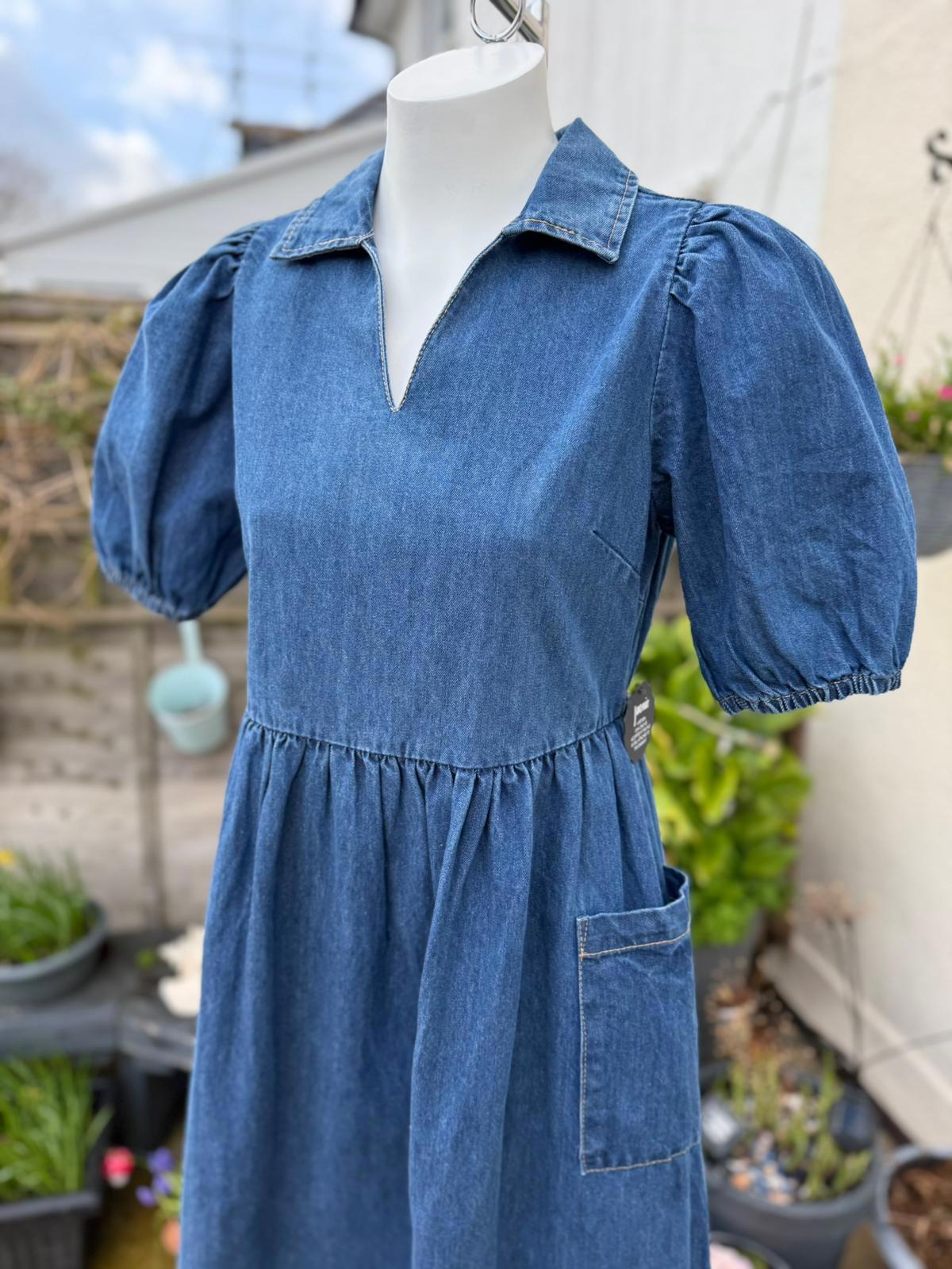 Joanie Womens Jojo Mid Wash Denim Blue Midi Casual Spring Summer Work Dress 10
