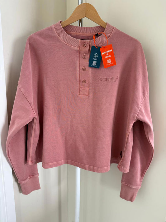 Superdry Womens Work Wear Button Up Jumper Sweatshirt- UK 12 - Dusky Pink