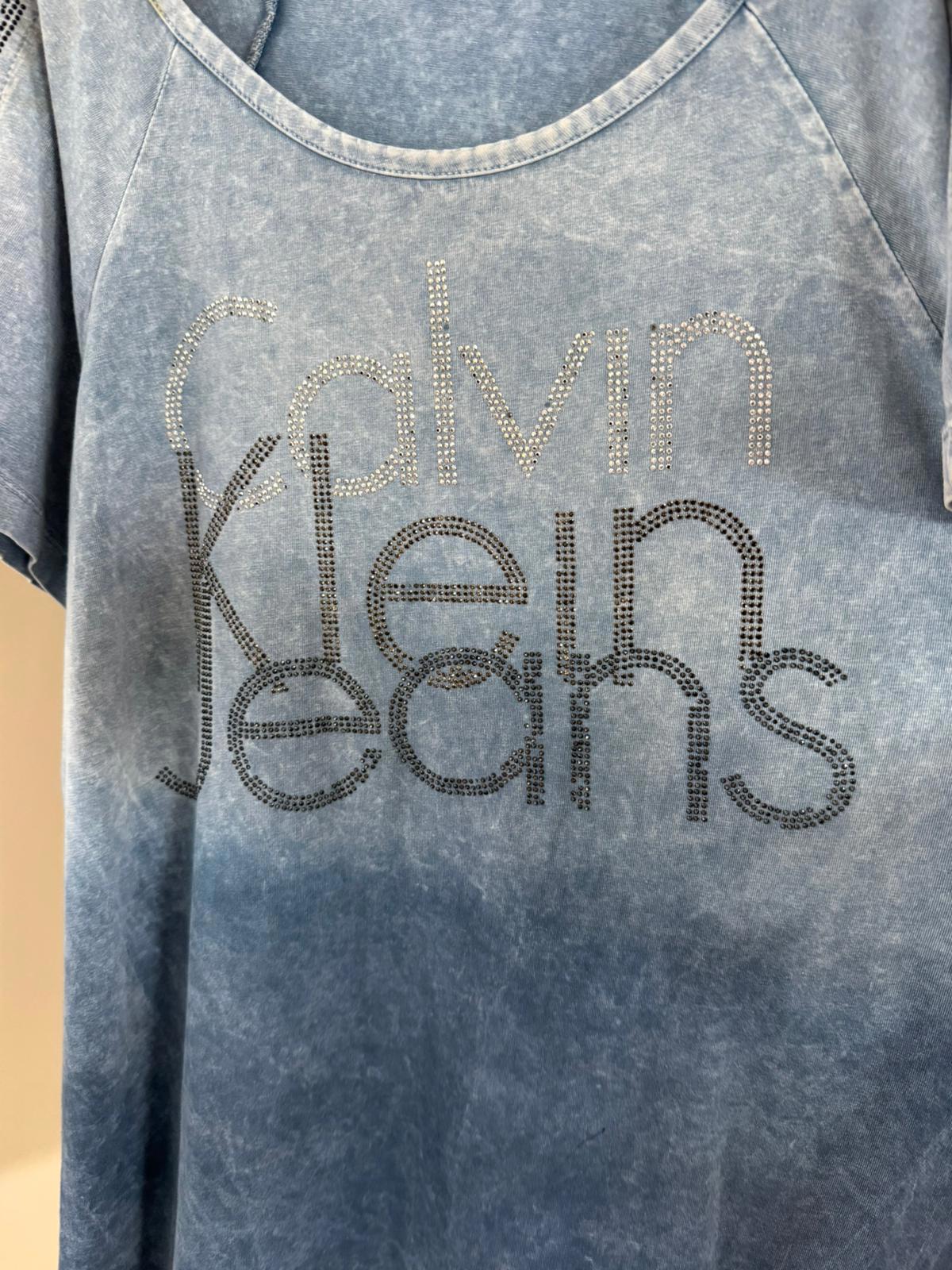 Calvin Klein Jeans Y2K 2000s' Short Sleeve Rhinestone Studded Detail T-Shirt -XL