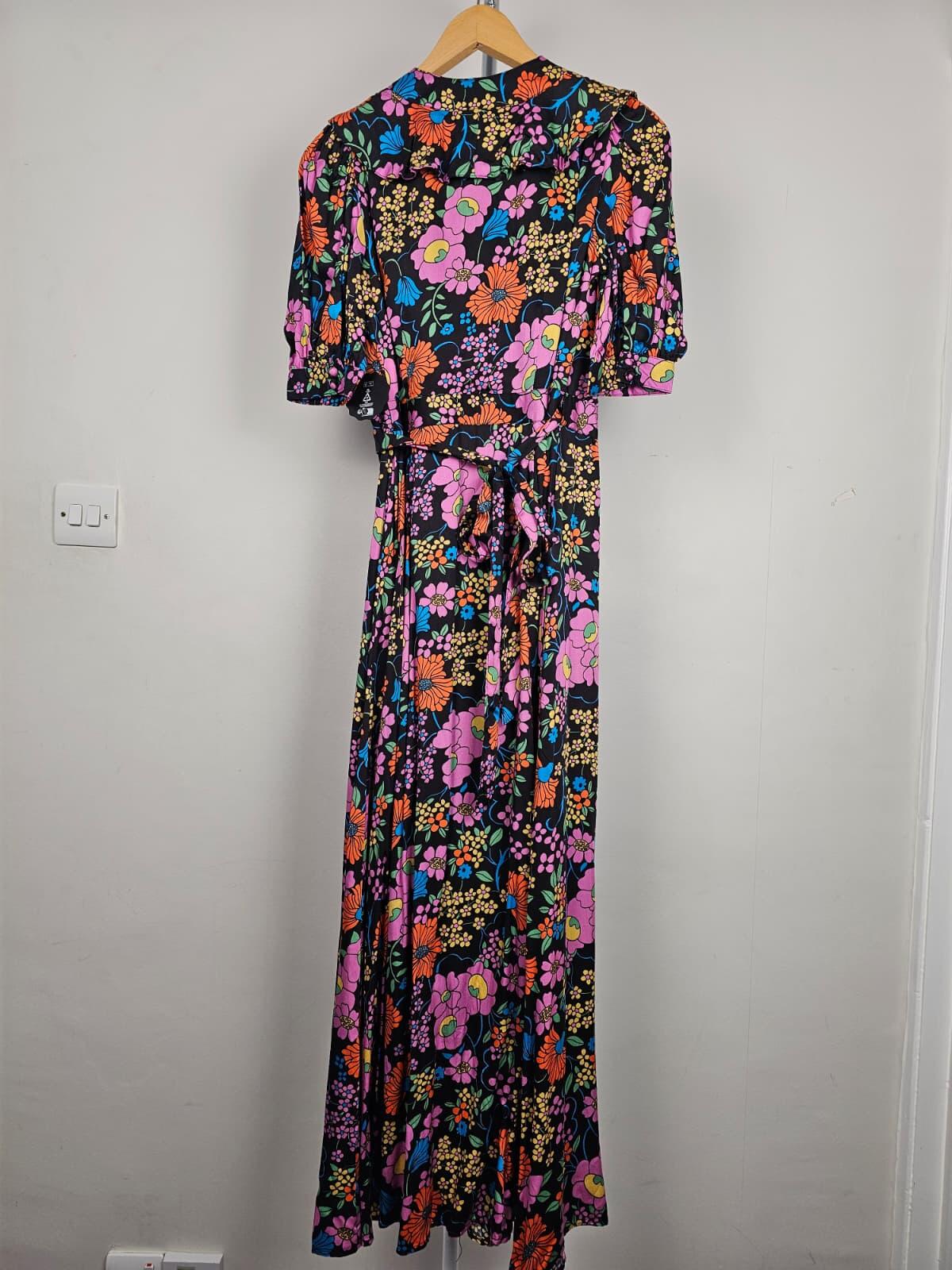 Joanie X Zeena Shah Womens Retro Floral Print Ruffle Collar Wrap Dress - UK 8