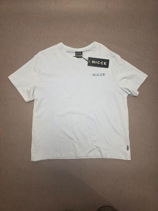 NICCE Womens Chest Print Logo Short Sleeve Cotton T-Shirt - UK 16 - Light Blue