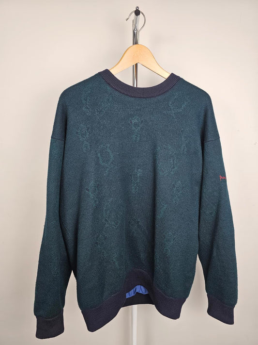 Pringle Mens Vintage Wool Pattern Wind Resistant Pullover Jumper - L -Dark Green