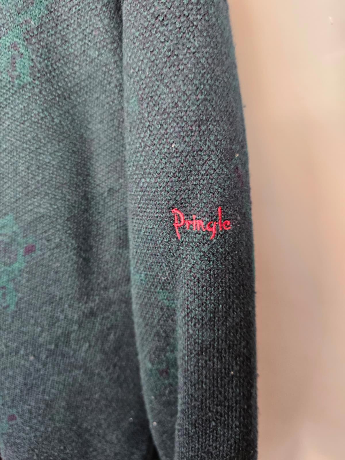 Pringle Mens Vintage Wool Pattern Wind Resistant Pullover Jumper - L -Dark Green