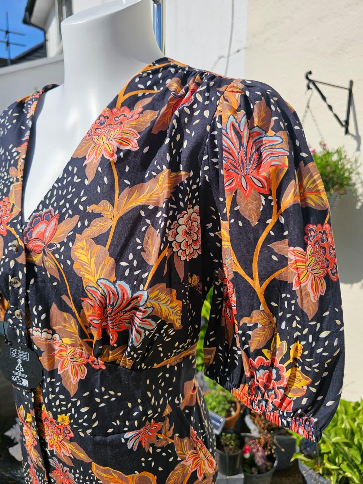 Joanie Rebecca Black Chintz Floral Print Puff Sleeve Button Front Midi Dress 18