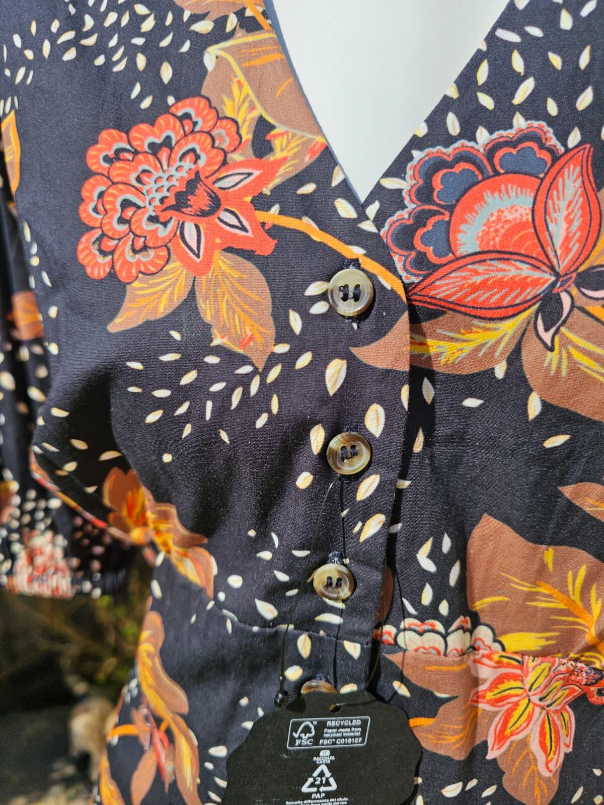 Joanie Rebecca Black Chintz Floral Print Puff Sleeve Button Front Midi Dress 18