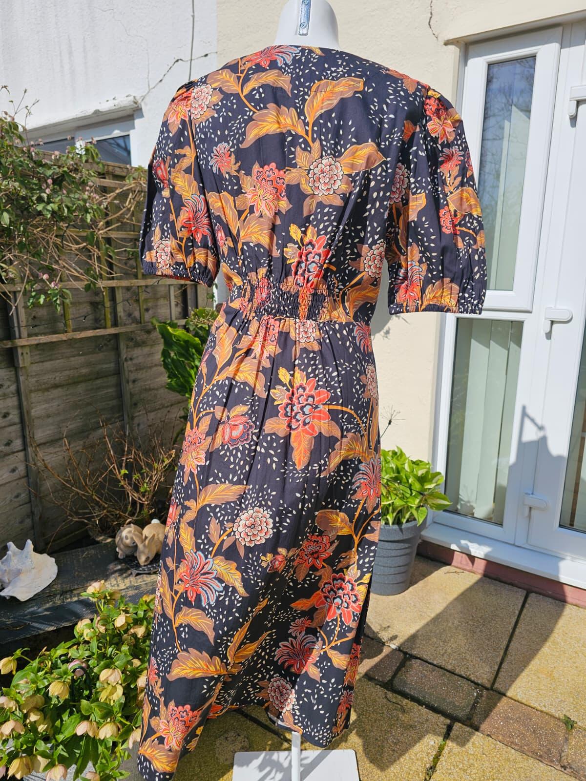 Joanie Rebecca Black Chintz Floral Print Puff Sleeve Button Front Midi Dress 18