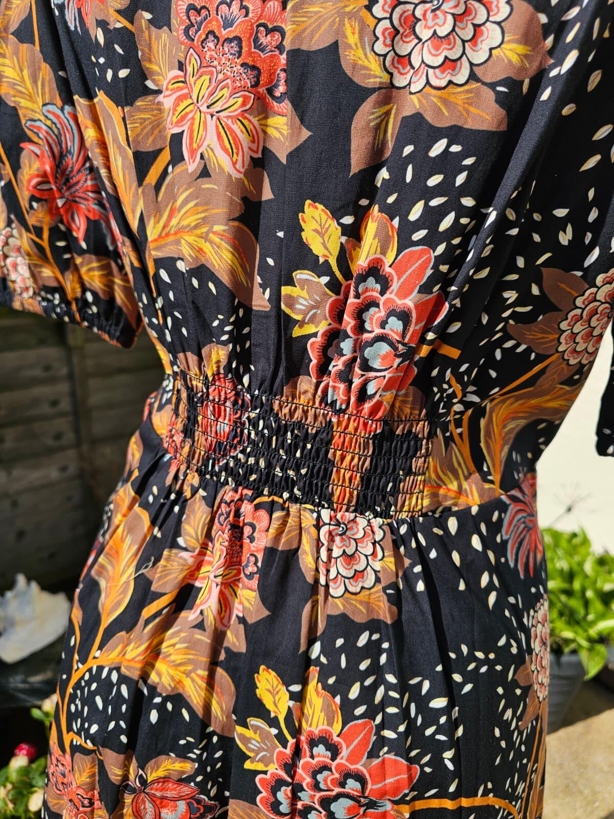 Joanie Rebecca Black Chintz Floral Print Puff Sleeve Button Front Midi Dress 18