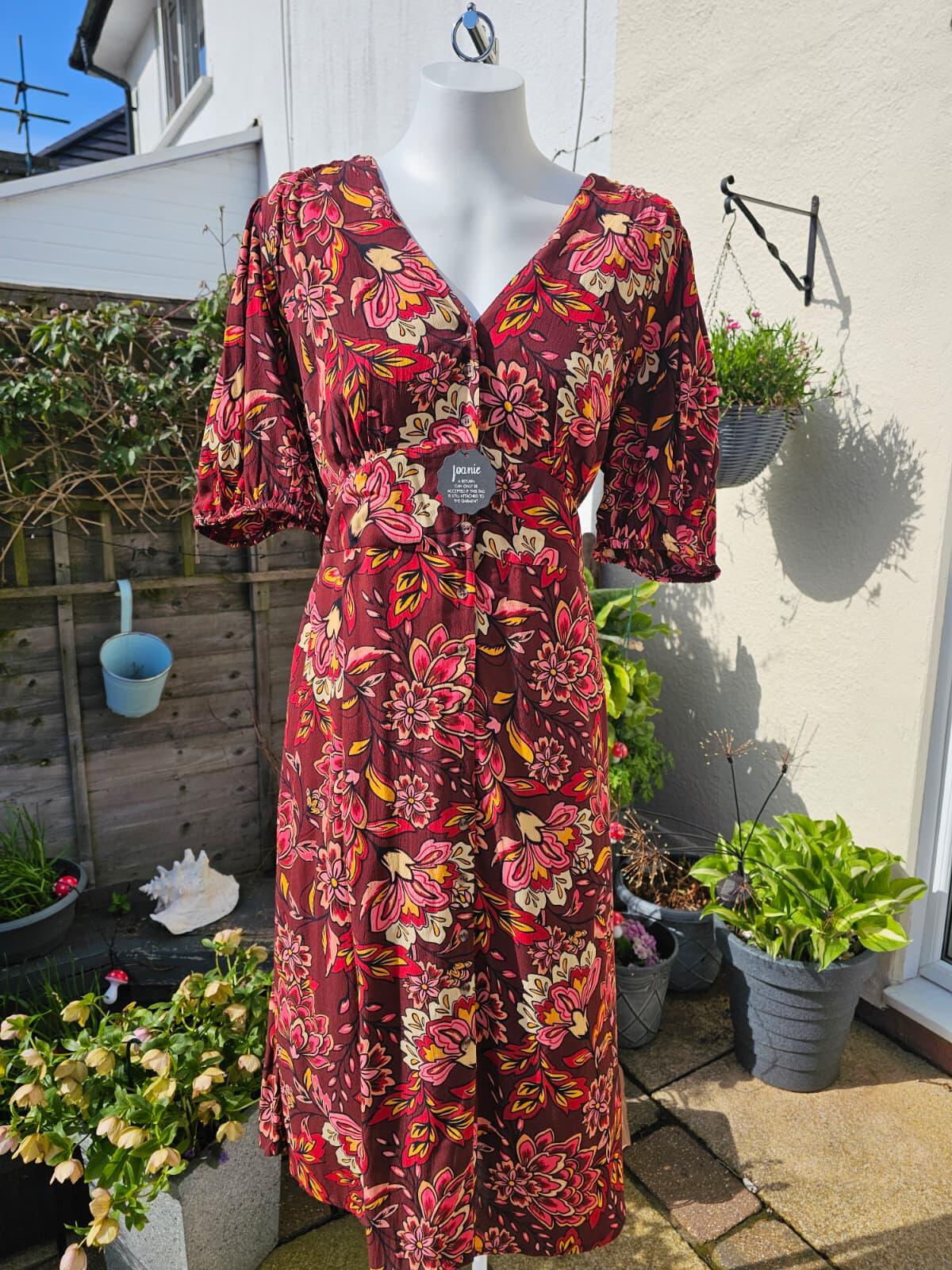 Joanie Womens Rebecca Burgundy Floral Print Puff Sleeve Midi Spring Dress -UK 18