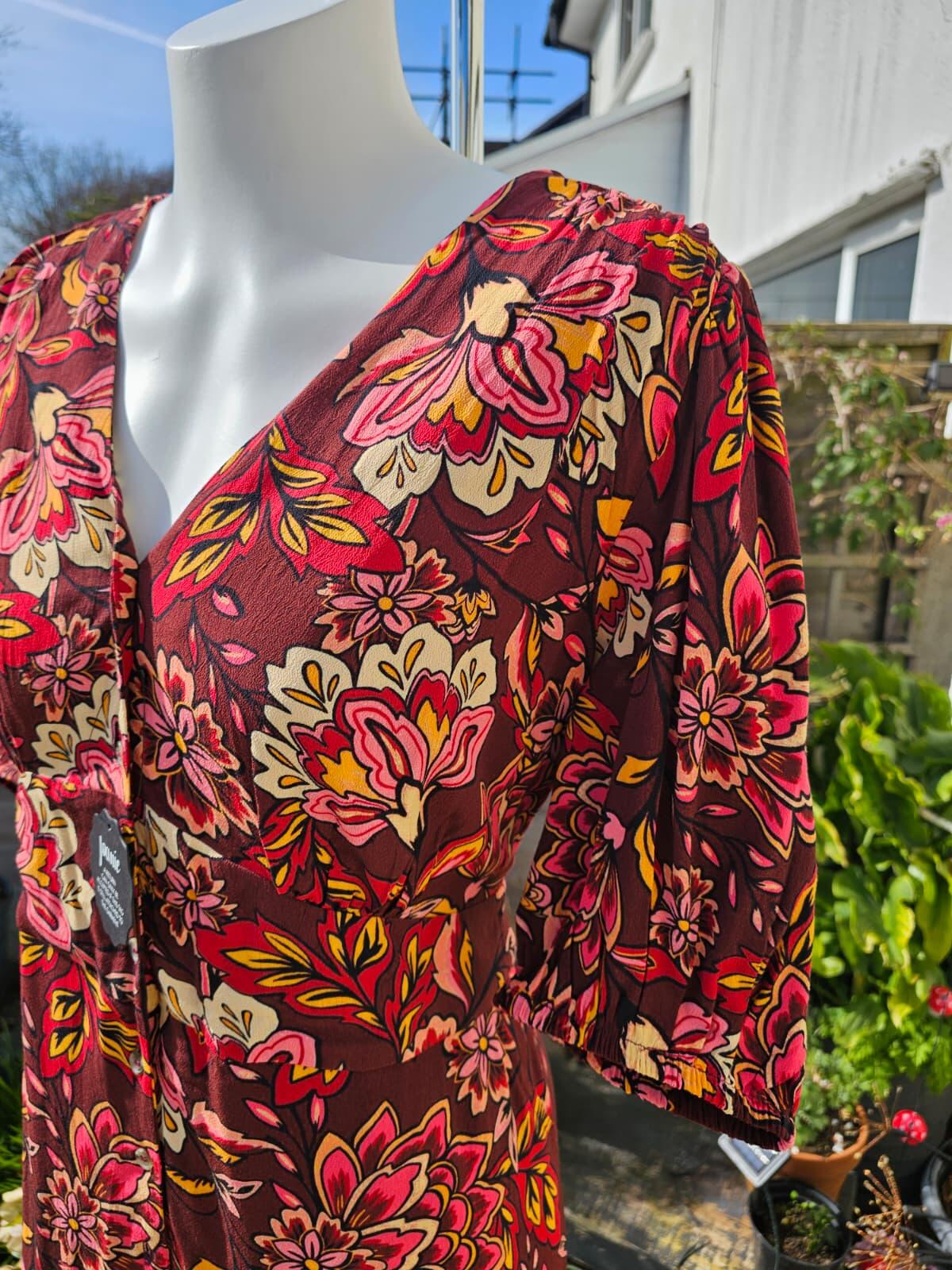 Joanie Womens Rebecca Burgundy Floral Print Puff Sleeve Midi Spring Dress -UK 18