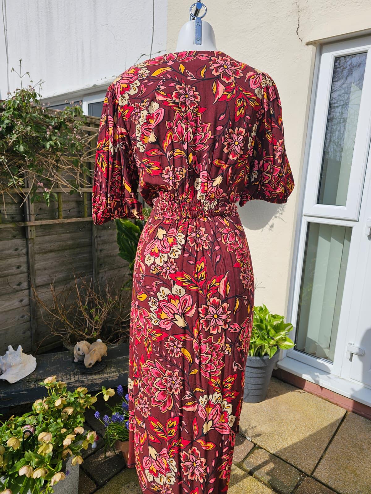 Joanie Womens Rebecca Burgundy Floral Print Puff Sleeve Midi Spring Dress -UK 18