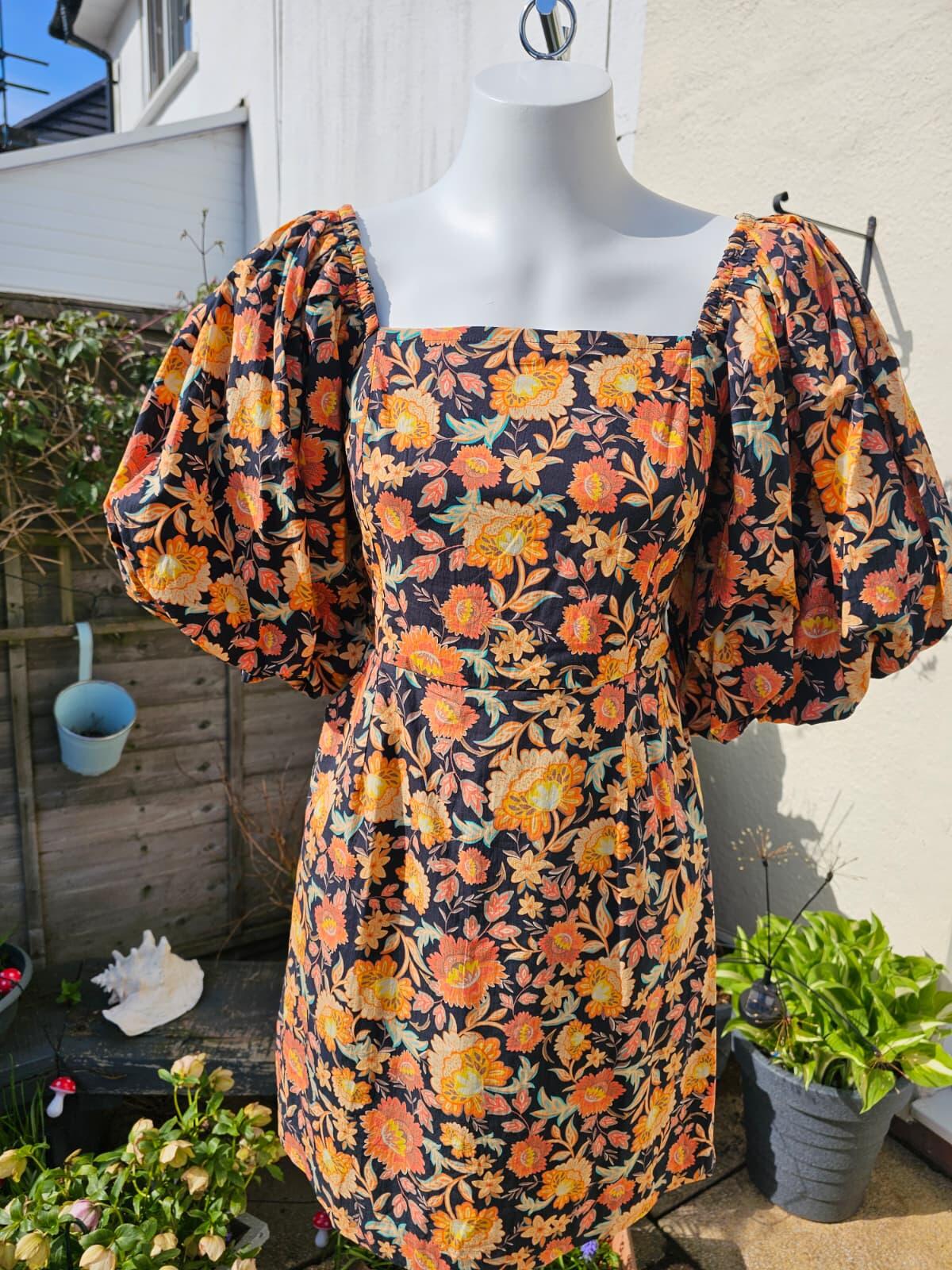 Joanie Penny Jacobean Floral Print Square Neck Puff Sleeve Spring Dress - UK 10