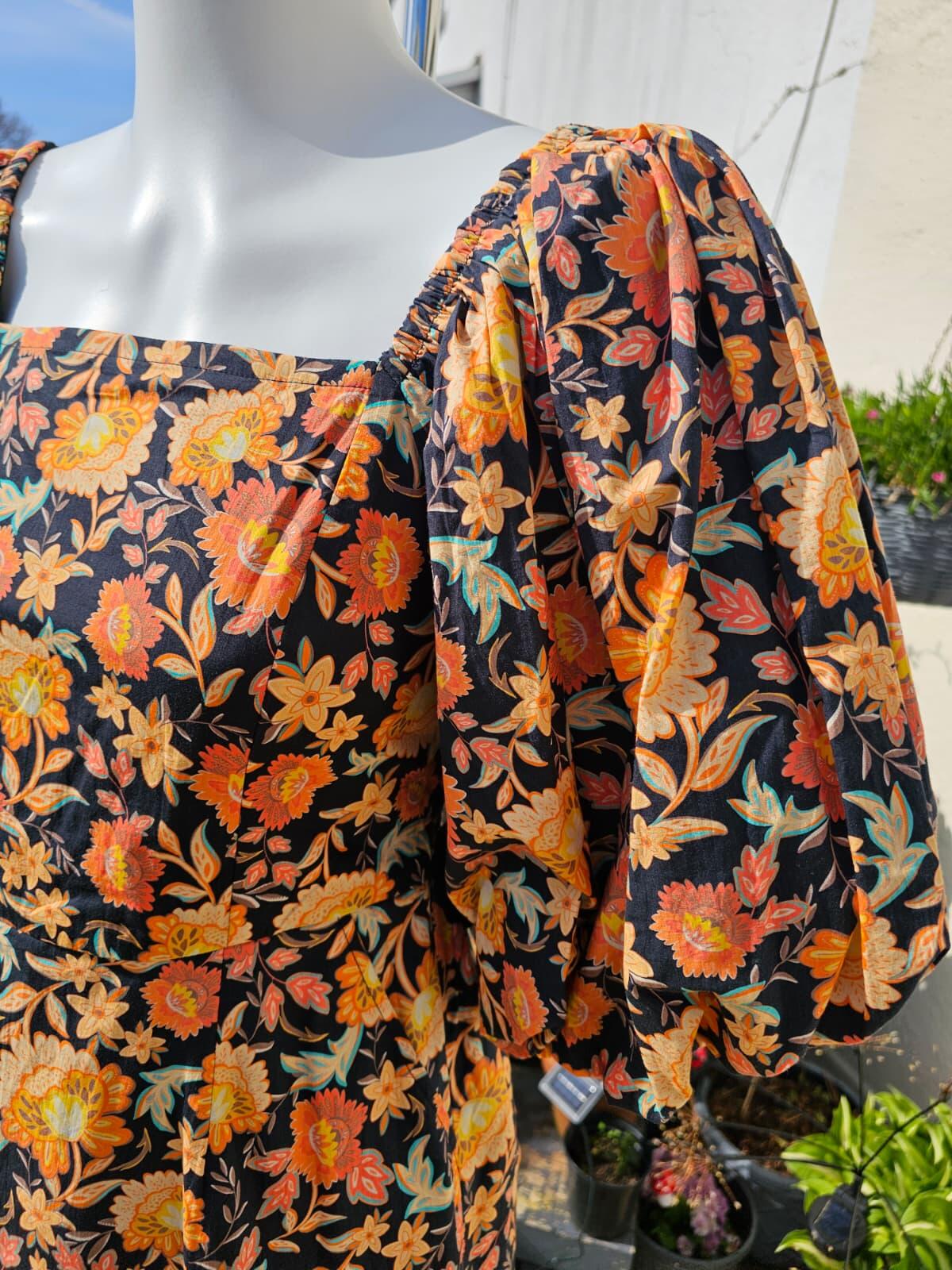 Joanie Penny Jacobean Floral Print Square Neck Puff Sleeve Spring Dress - UK 10