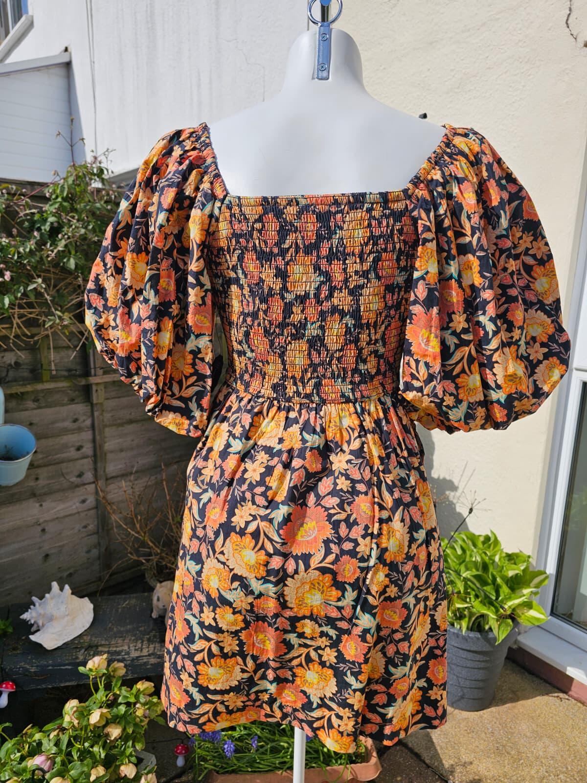Joanie Penny Jacobean Floral Print Square Neck Puff Sleeve Spring Dress - UK 10