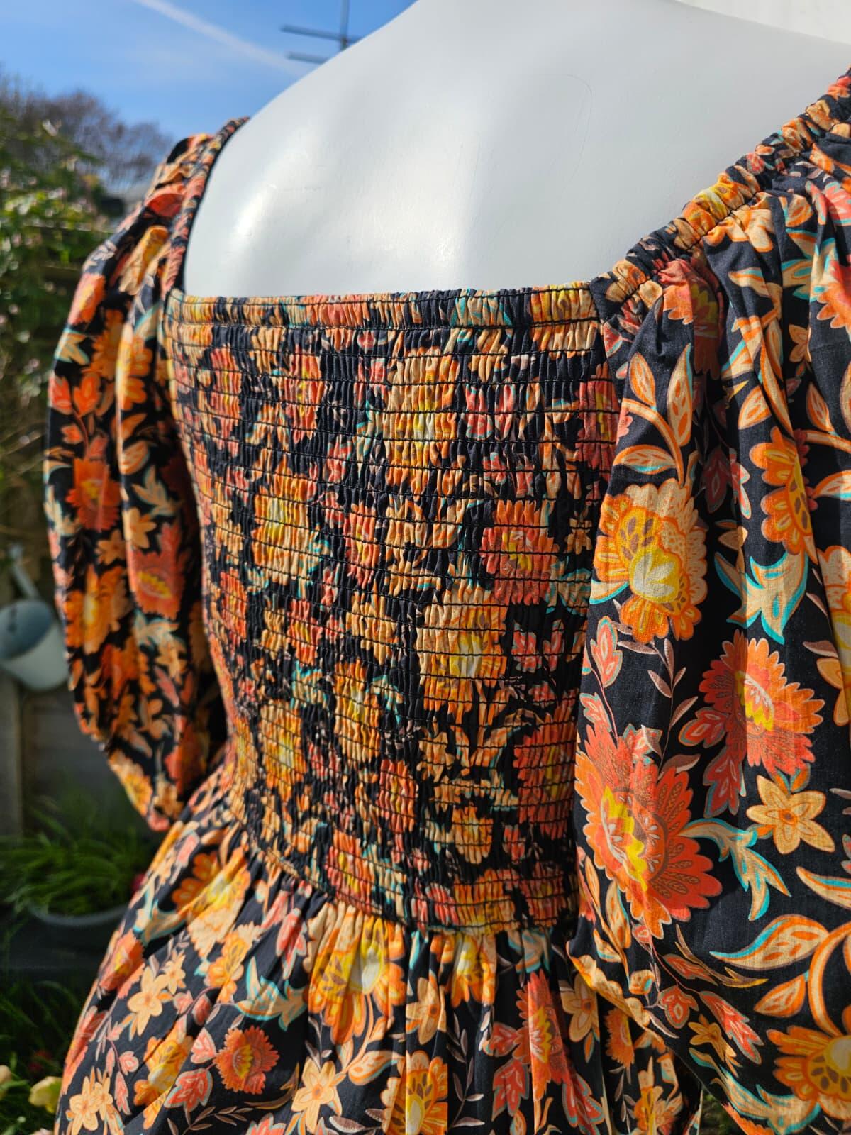 Joanie Penny Jacobean Floral Print Square Neck Puff Sleeve Spring Dress - UK 10