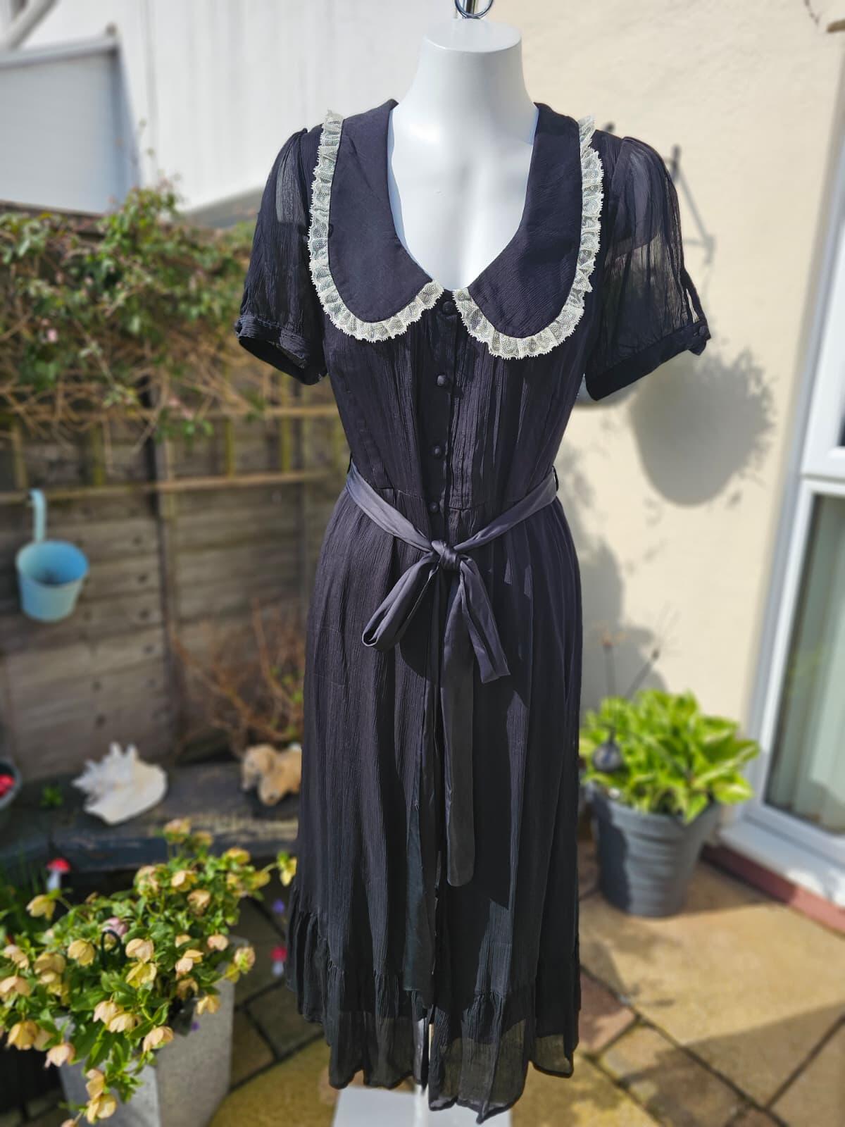 Joanie Peony Black Vintage Antique Styling Chiffon Lace Collar Midi Dress -12