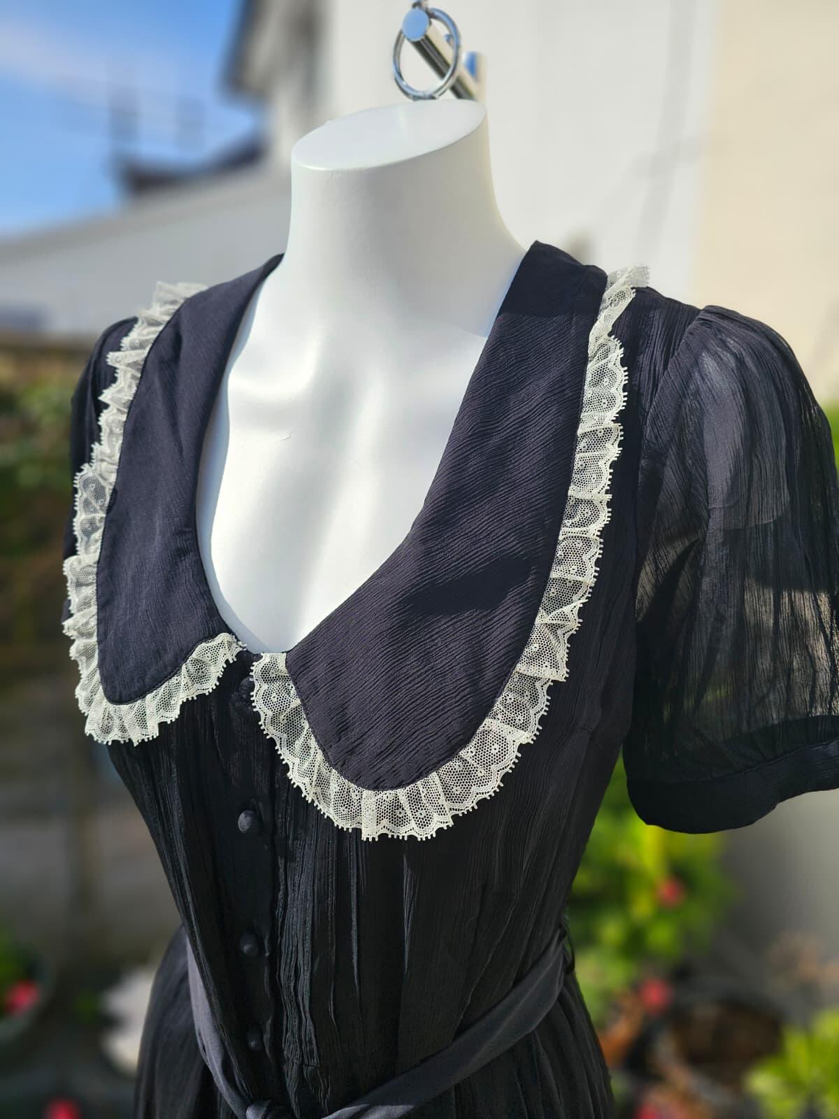 Joanie Peony Black Vintage Antique Styling Chiffon Lace Collar Midi Dress -12