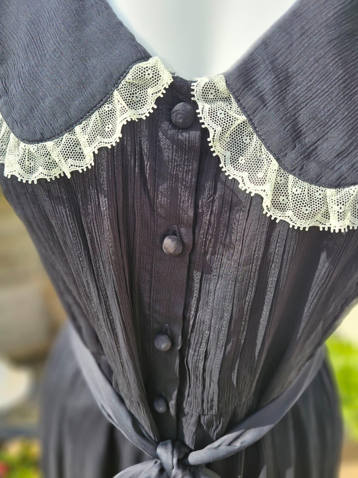 Joanie Peony Black Vintage Antique Styling Chiffon Lace Collar Midi Dress -12