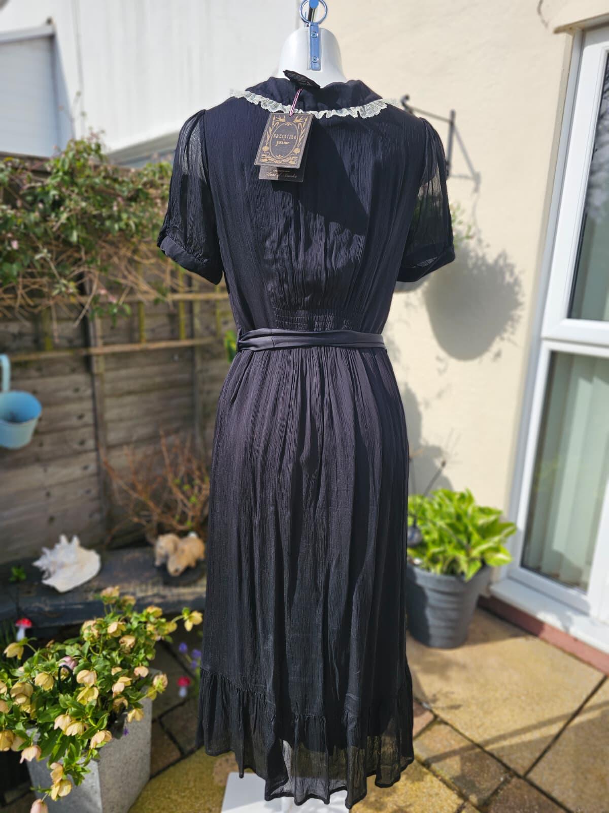Joanie Peony Black Vintage Antique Styling Chiffon Lace Collar Midi Dress -12