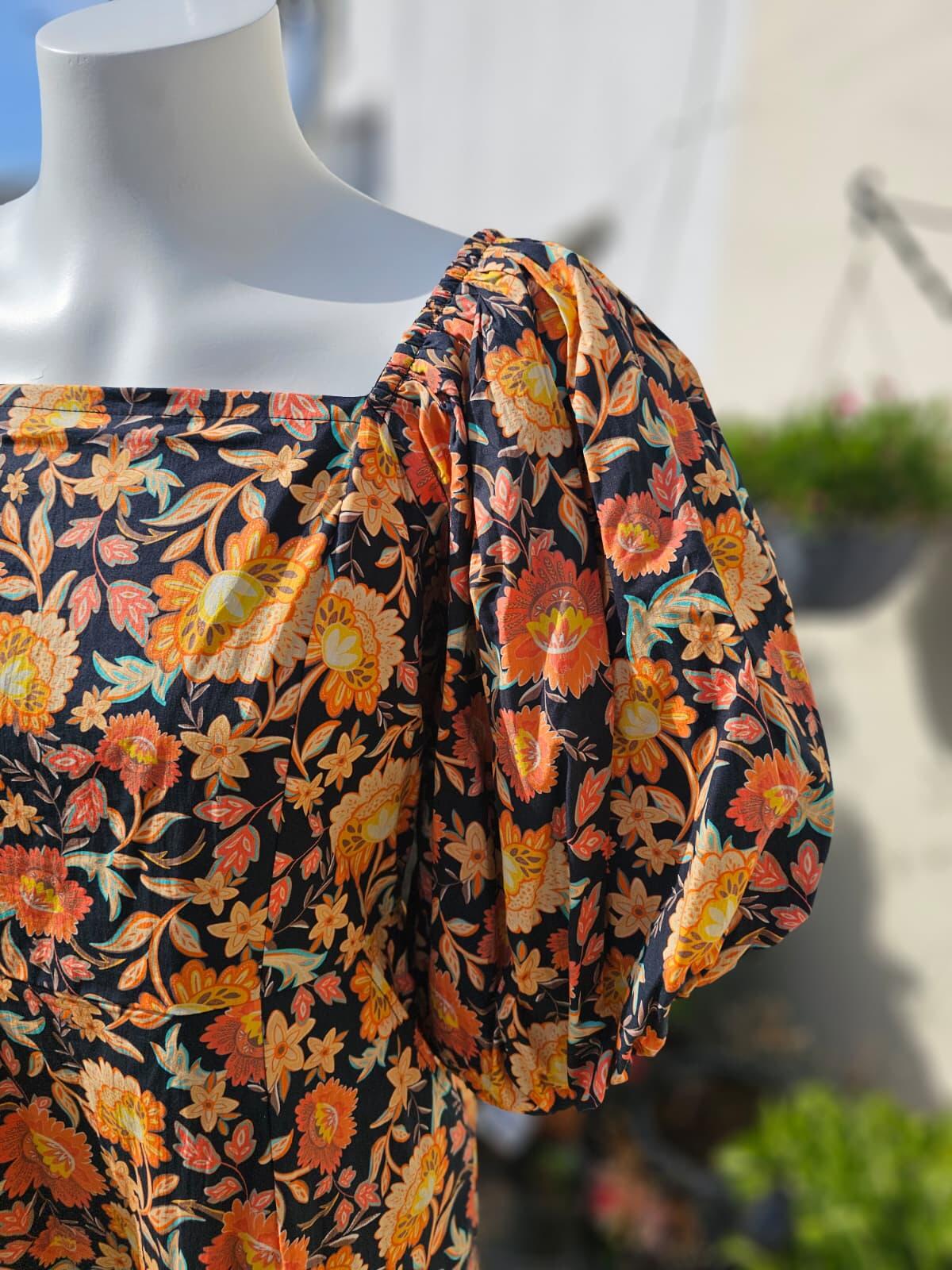 Joanie Penny Floral Print Square Neck Puff Sleeve Spring Dress - UK 12