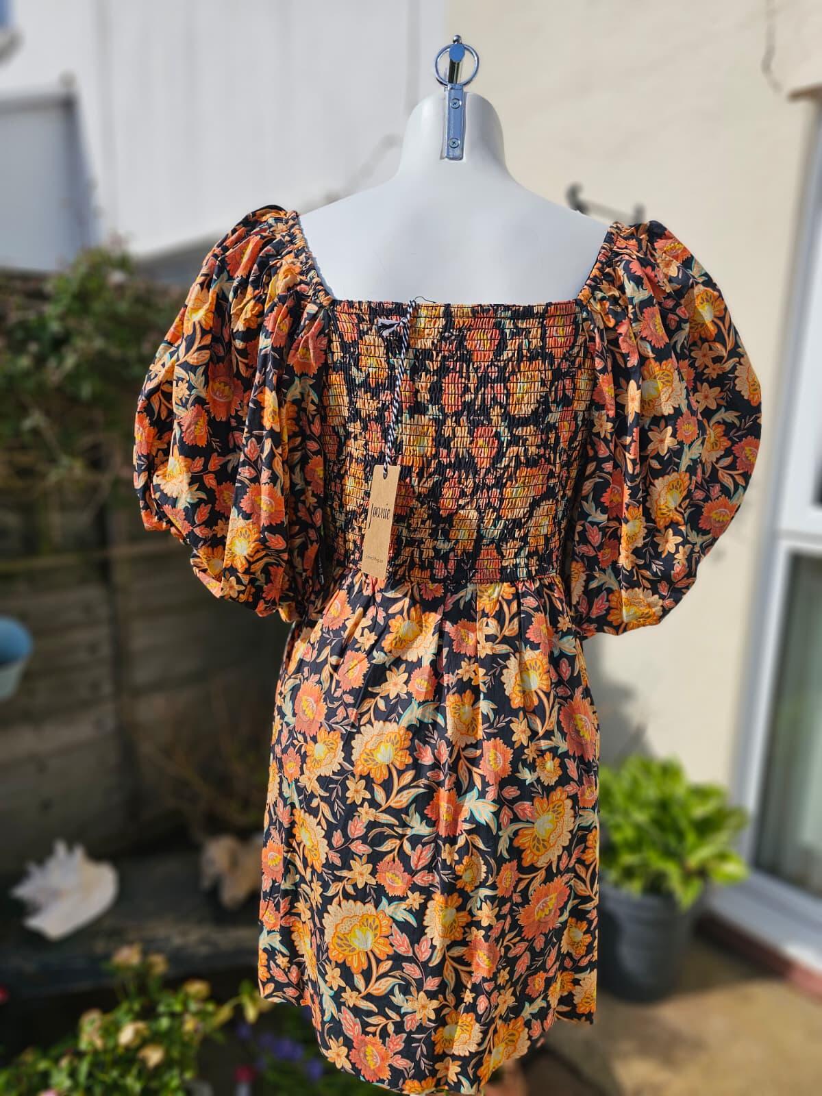 Joanie Penny Floral Print Square Neck Puff Sleeve Spring Dress - UK 12