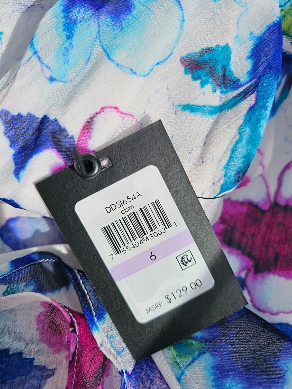 DKNY Womens Floral Midi Spring Summer Dress with Puff Sleeves and Belt - UK 6