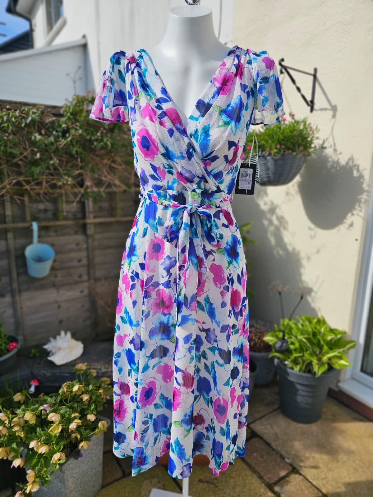 DKNY Womens Floral Midi Spring Summer Dress with Puff Sleeves and Belt - UK 6