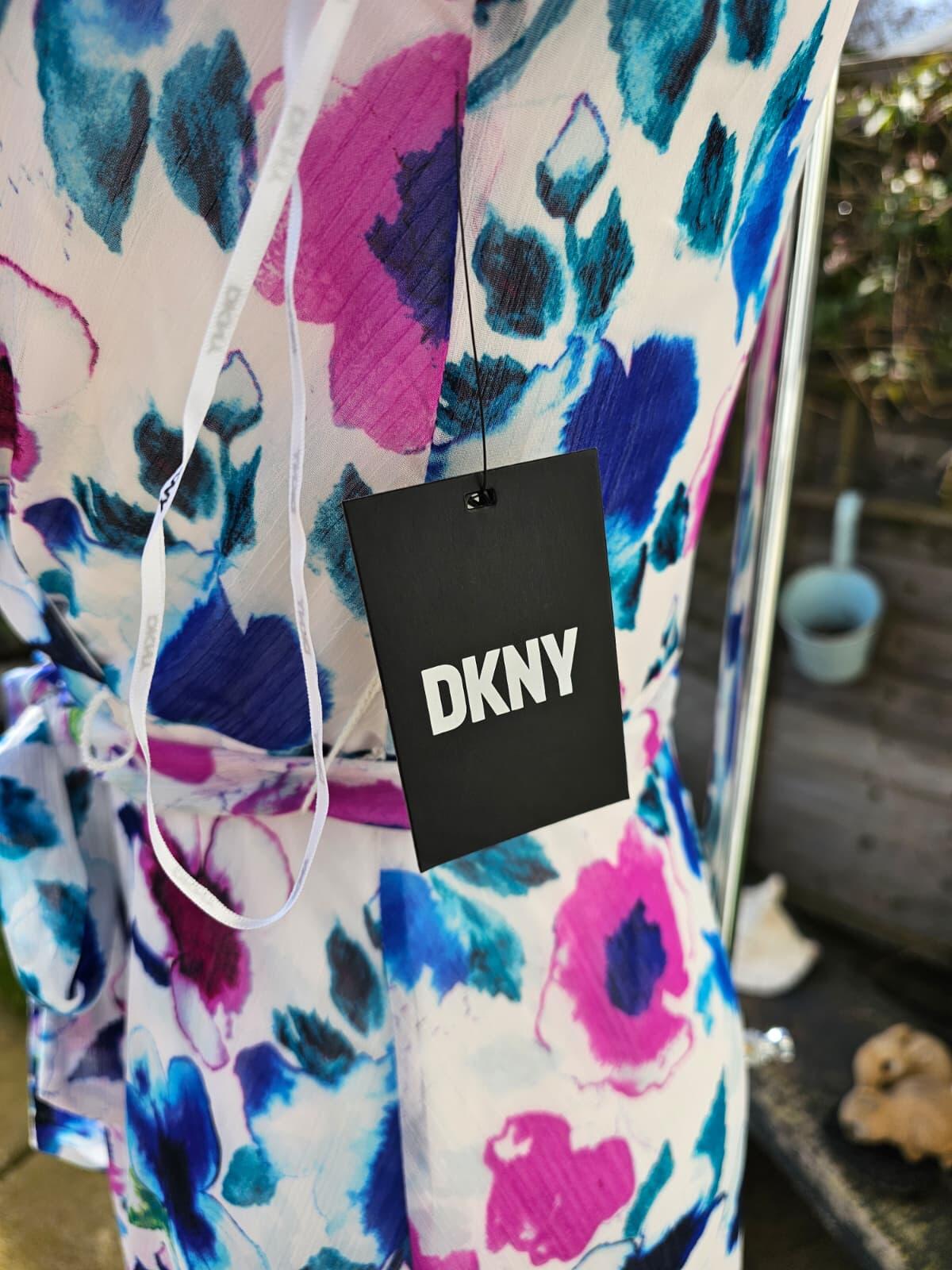 DKNY Womens Floral Midi Spring Summer Dress with Puff Sleeves and Belt - UK 6