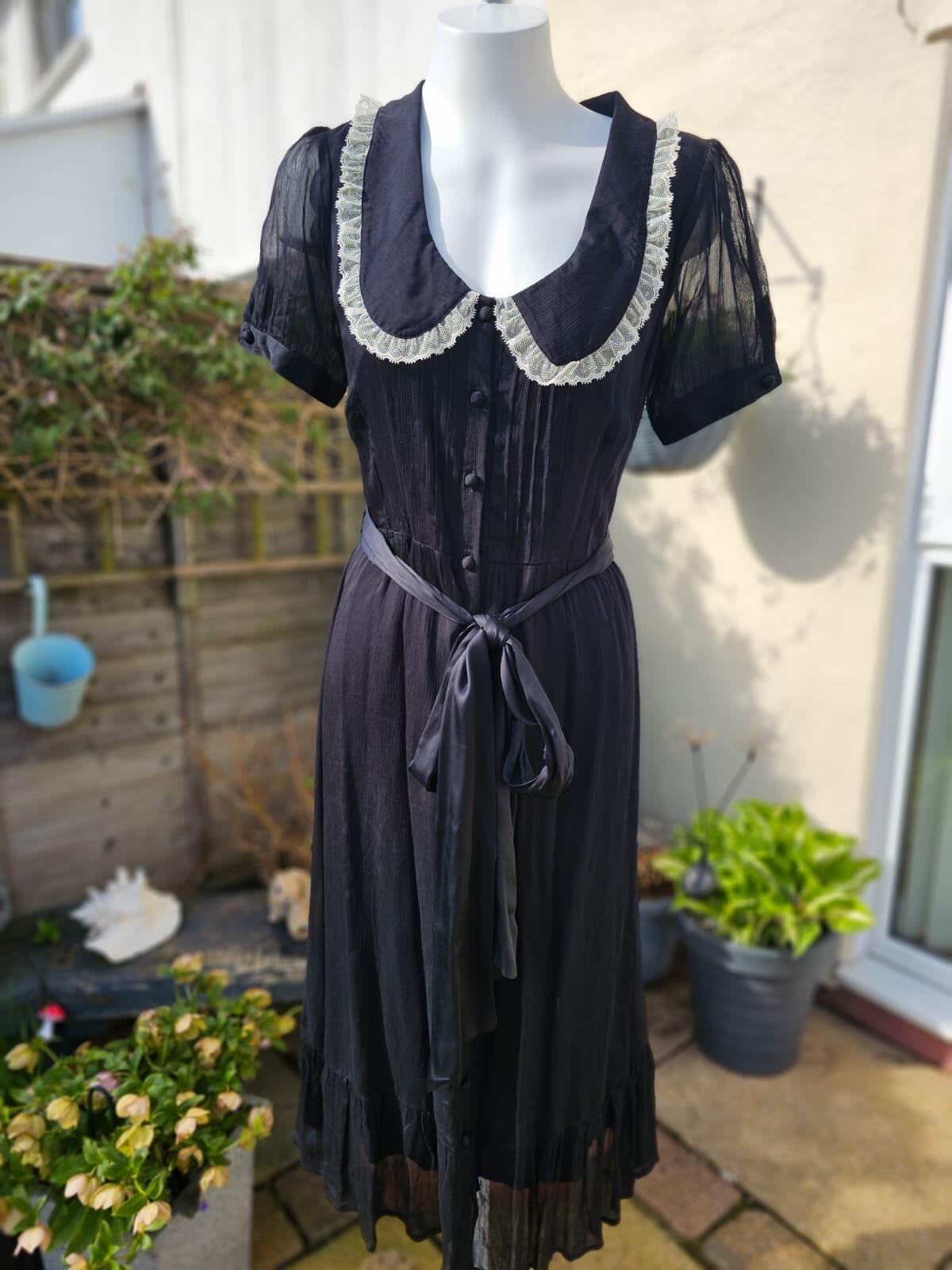 Joanie Peony Black Vintage Antique Styling Chiffon Lace Collar Midi Dress UK 10