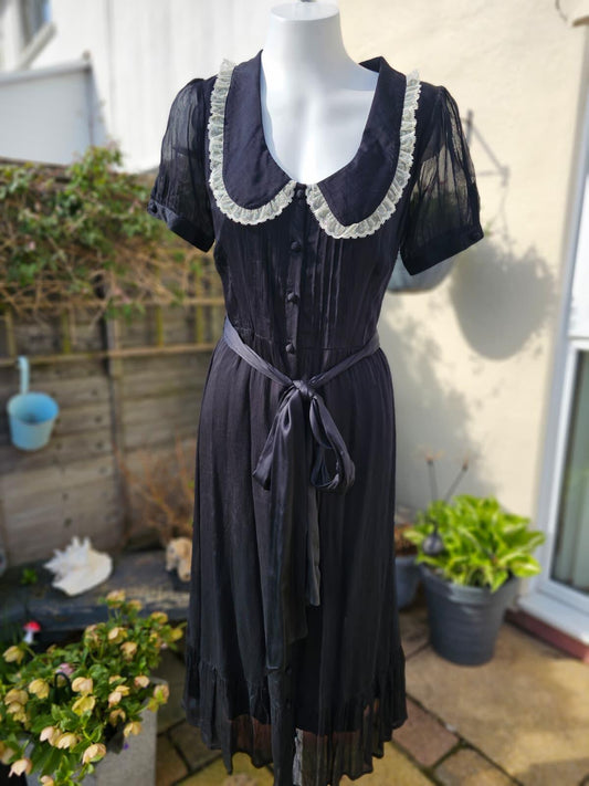 Joanie Peony Black Vintage Antique Styling Chiffon Lace Collar Midi Dress UK 10