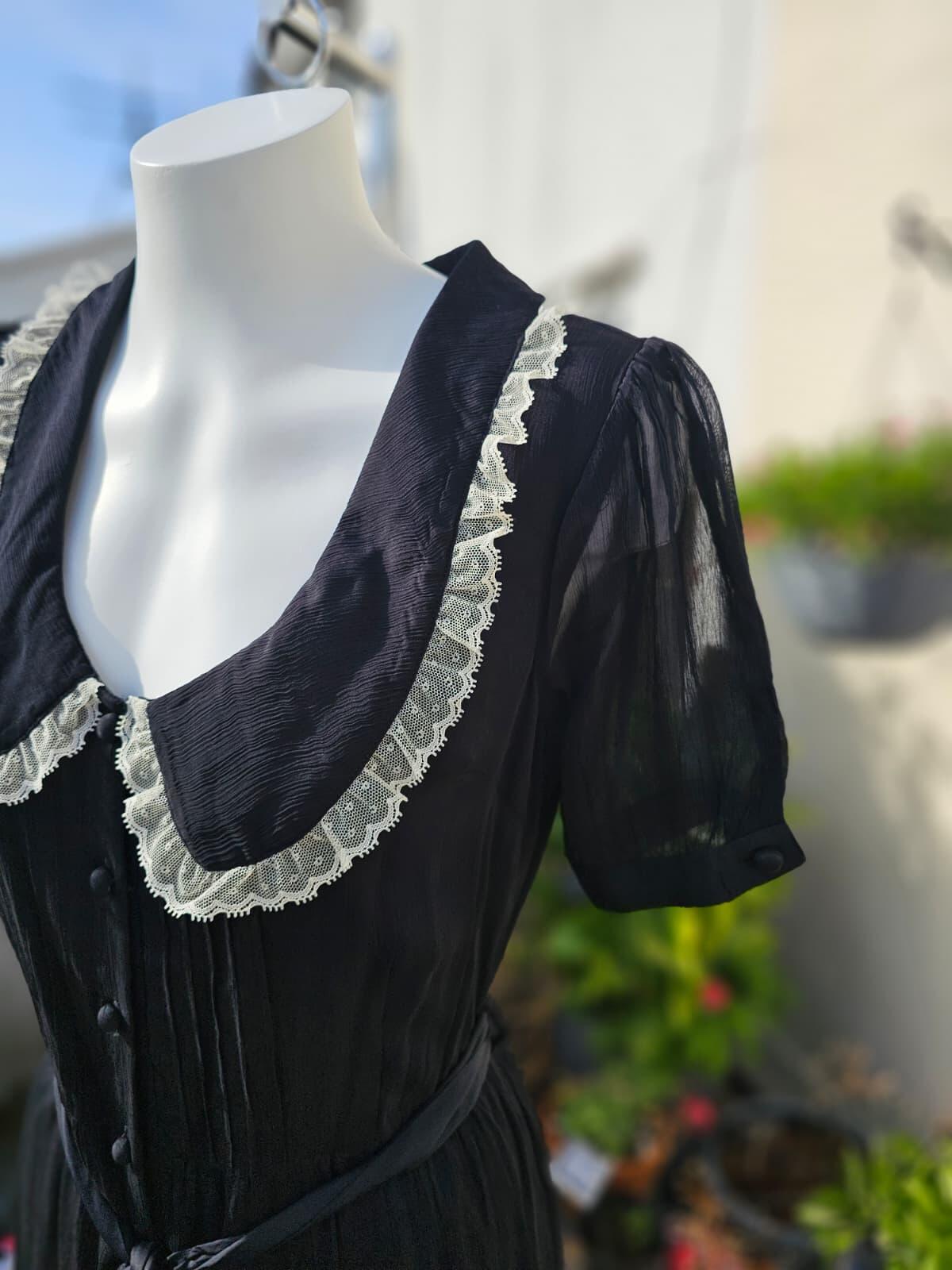 Joanie Peony Black Vintage Antique Styling Chiffon Lace Collar Midi Dress UK 10