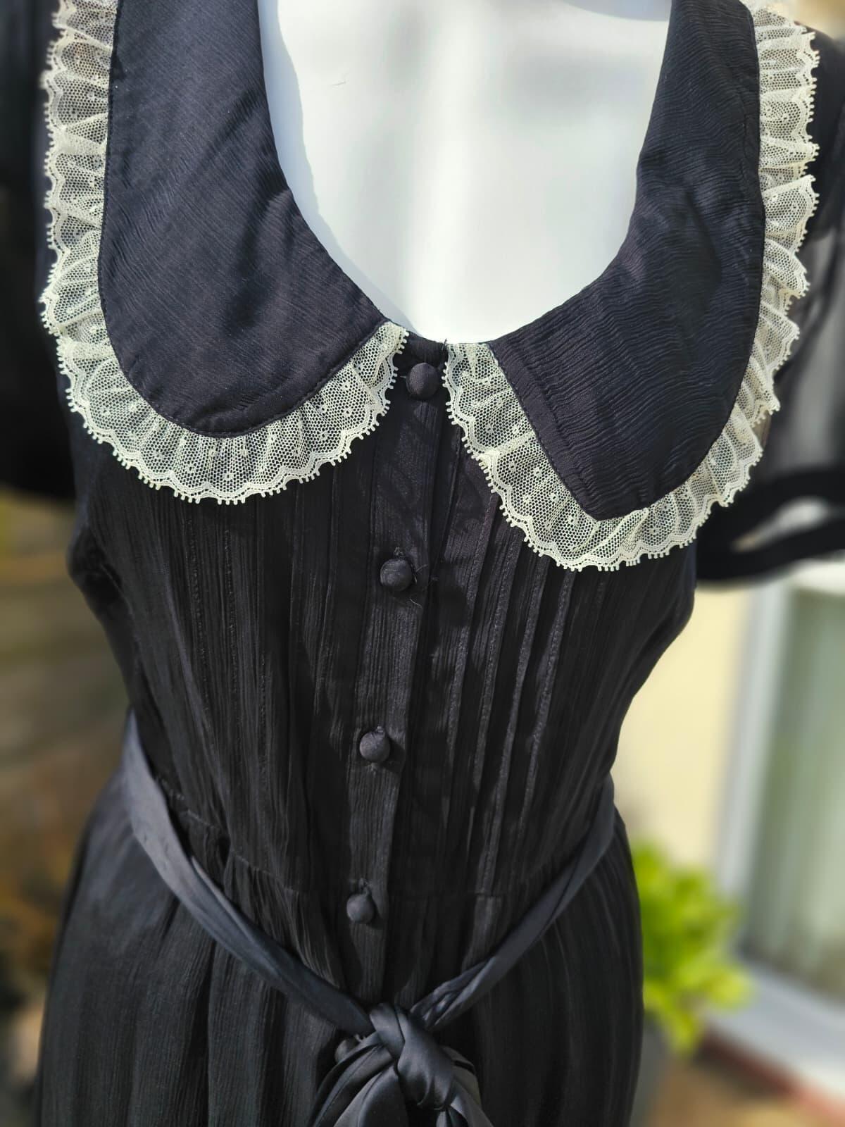 Joanie Peony Black Vintage Antique Styling Chiffon Lace Collar Midi Dress UK 10