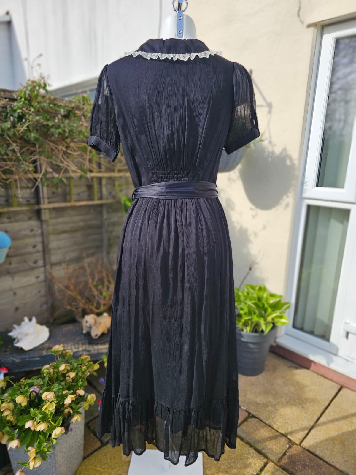 Joanie Peony Black Vintage Antique Styling Chiffon Lace Collar Midi Dress UK 10