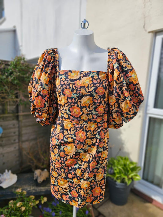 Joanie Penny Floral Print Square Neck Puff Sleeve Spring Dress - UK 18