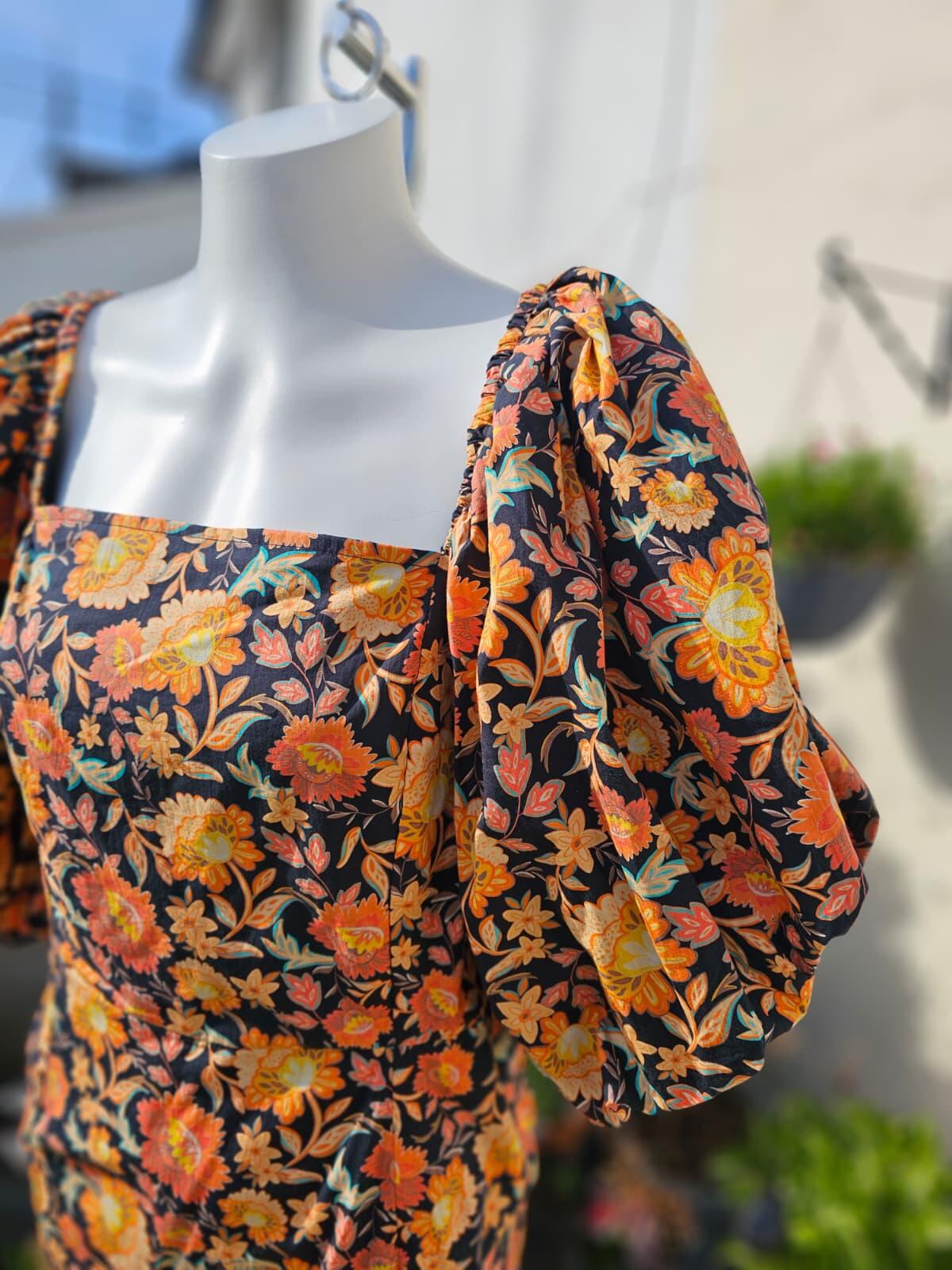 Joanie Penny Floral Print Square Neck Puff Sleeve Spring Dress - UK 18