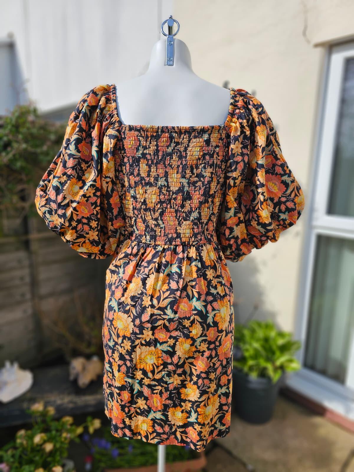 Joanie Penny Floral Print Square Neck Puff Sleeve Spring Dress - UK 18