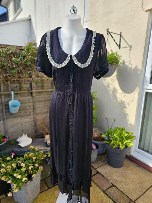 Joanie Peony Black Vintage Antique Styling Chiffon Lace Collar Midi Dress -UK 16