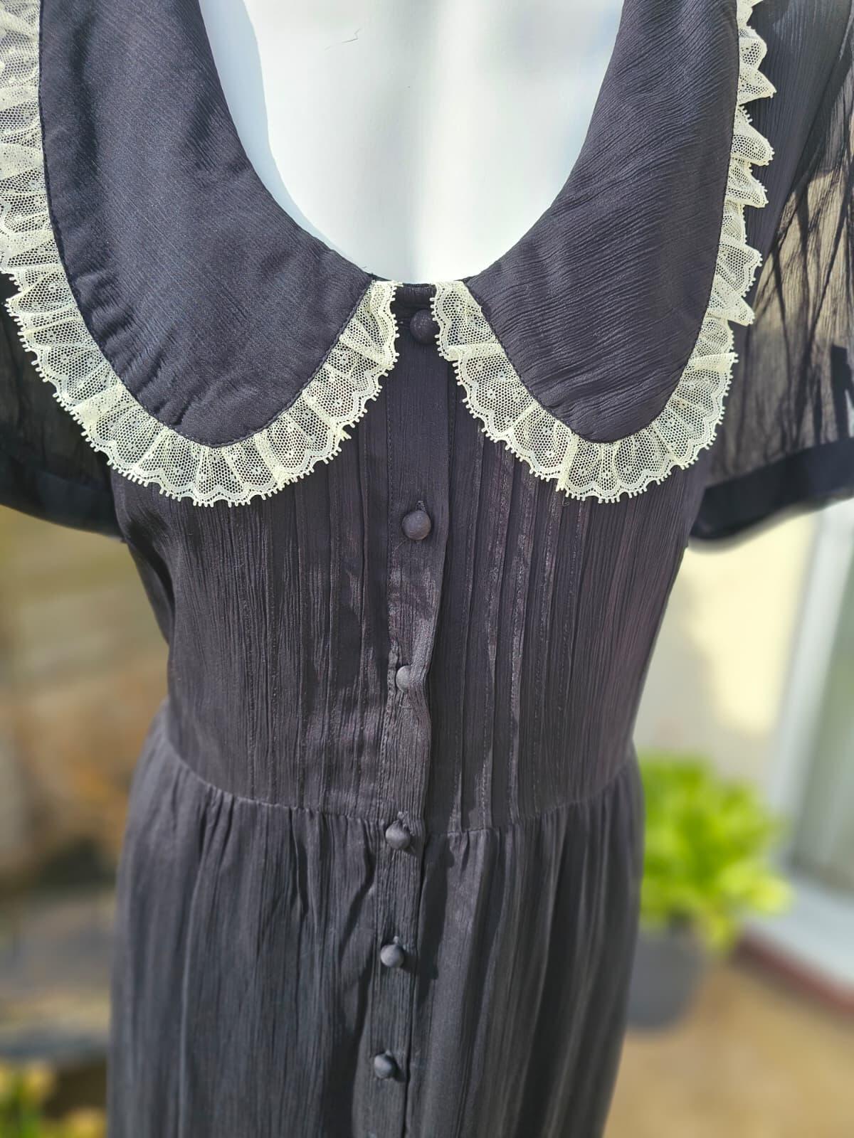 Joanie Peony Black Vintage Antique Styling Chiffon Lace Collar Midi Dress -UK 16