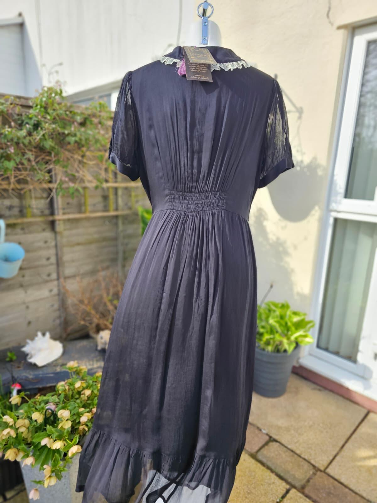Joanie Peony Black Vintage Antique Styling Chiffon Lace Collar Midi Dress -UK 16