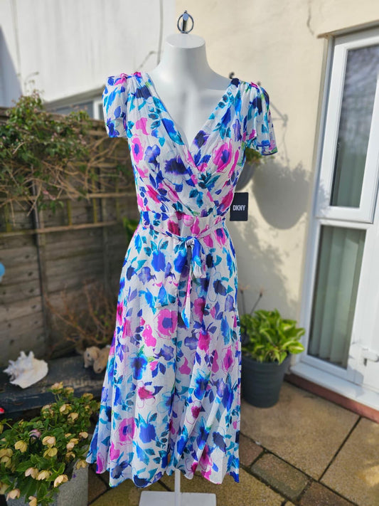 DKNY Womens Floral Midi Spring Summer Dress with Puff Sleeves and Belt - UK 8