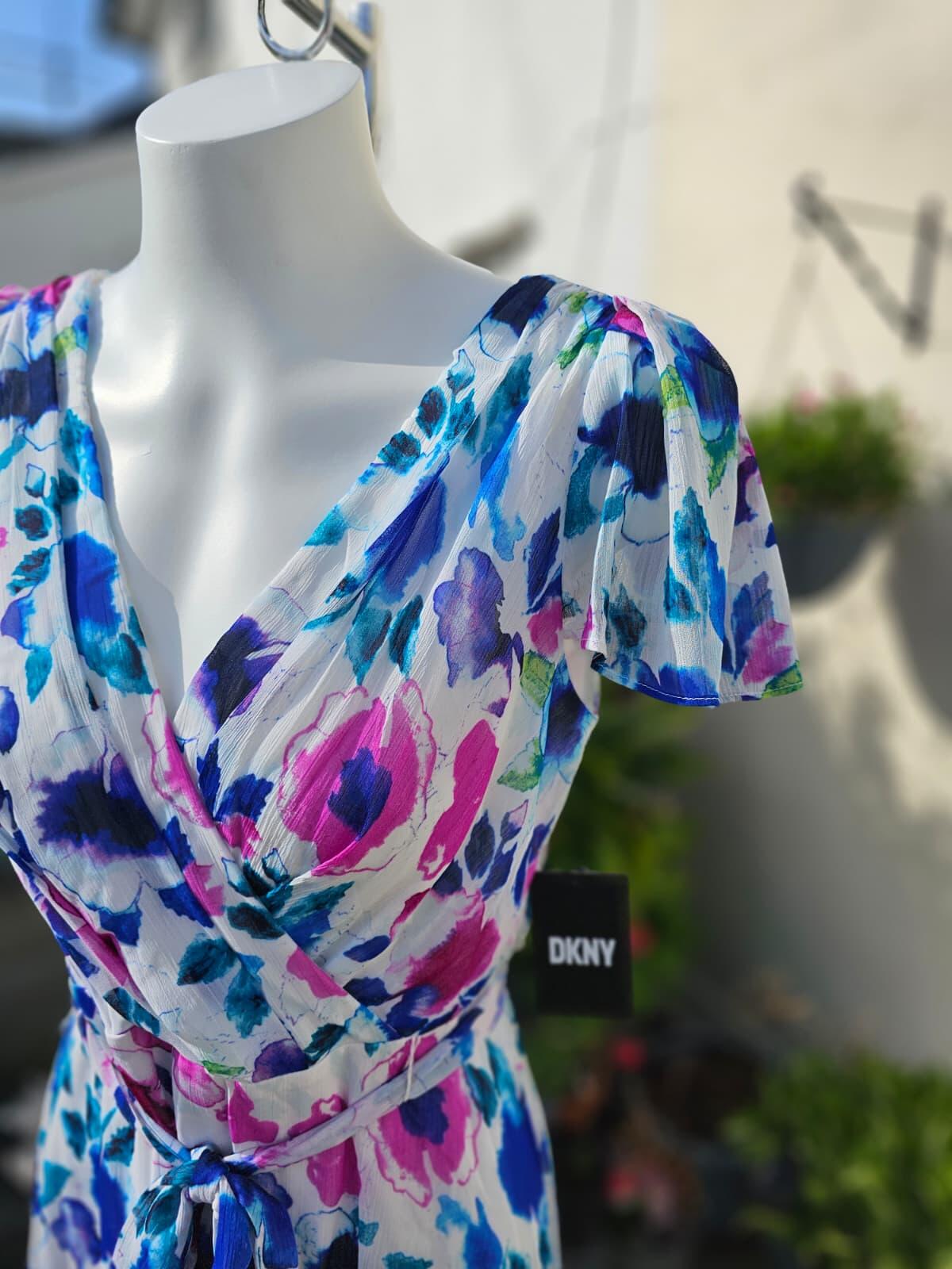 DKNY Womens Floral Midi Spring Summer Dress with Puff Sleeves and Belt - UK 8