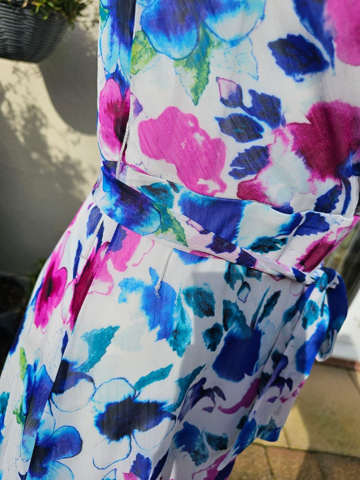 DKNY Womens Floral Midi Spring Summer Dress with Puff Sleeves and Belt - UK 8