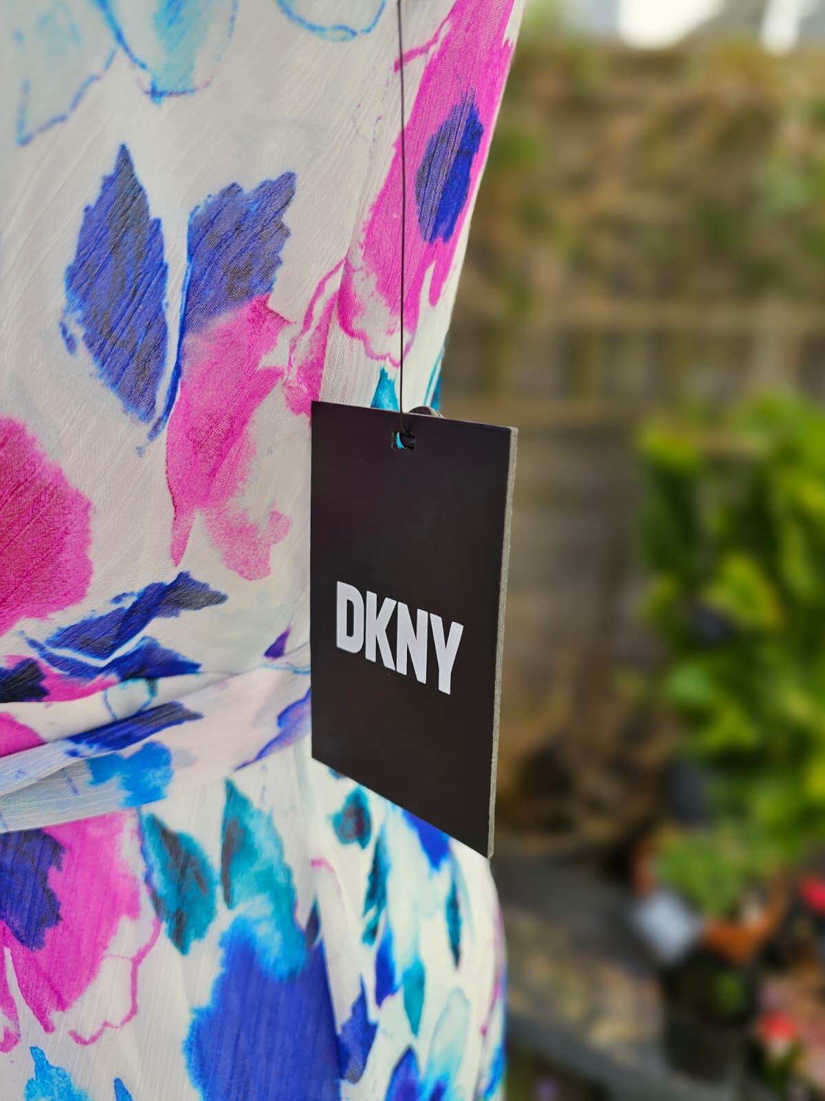 DKNY Womens Floral Midi Spring Summer Dress with Puff Sleeves and Belt - UK 8