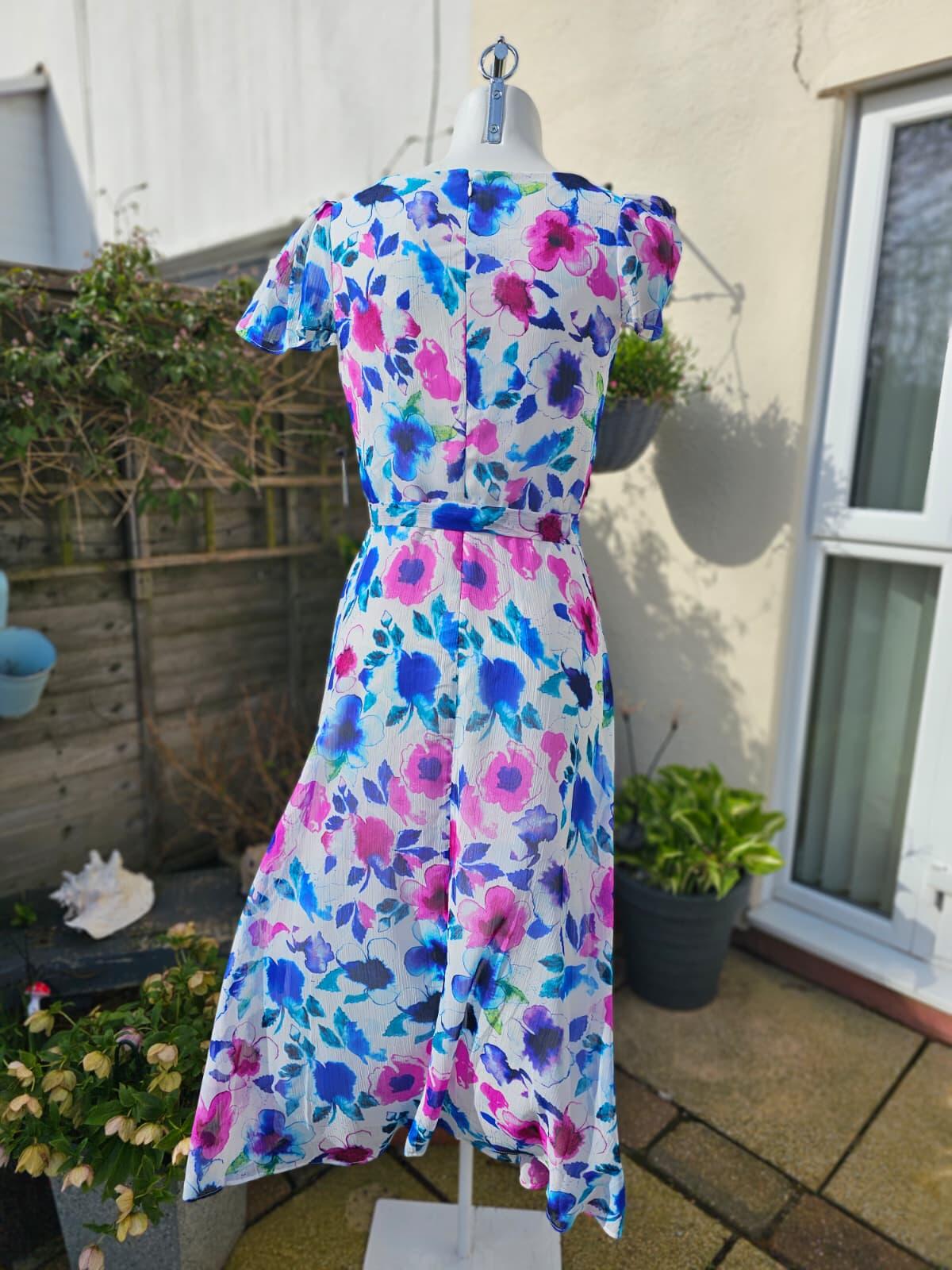 DKNY Womens Floral Midi Spring Summer Dress with Puff Sleeves and Belt - UK 8