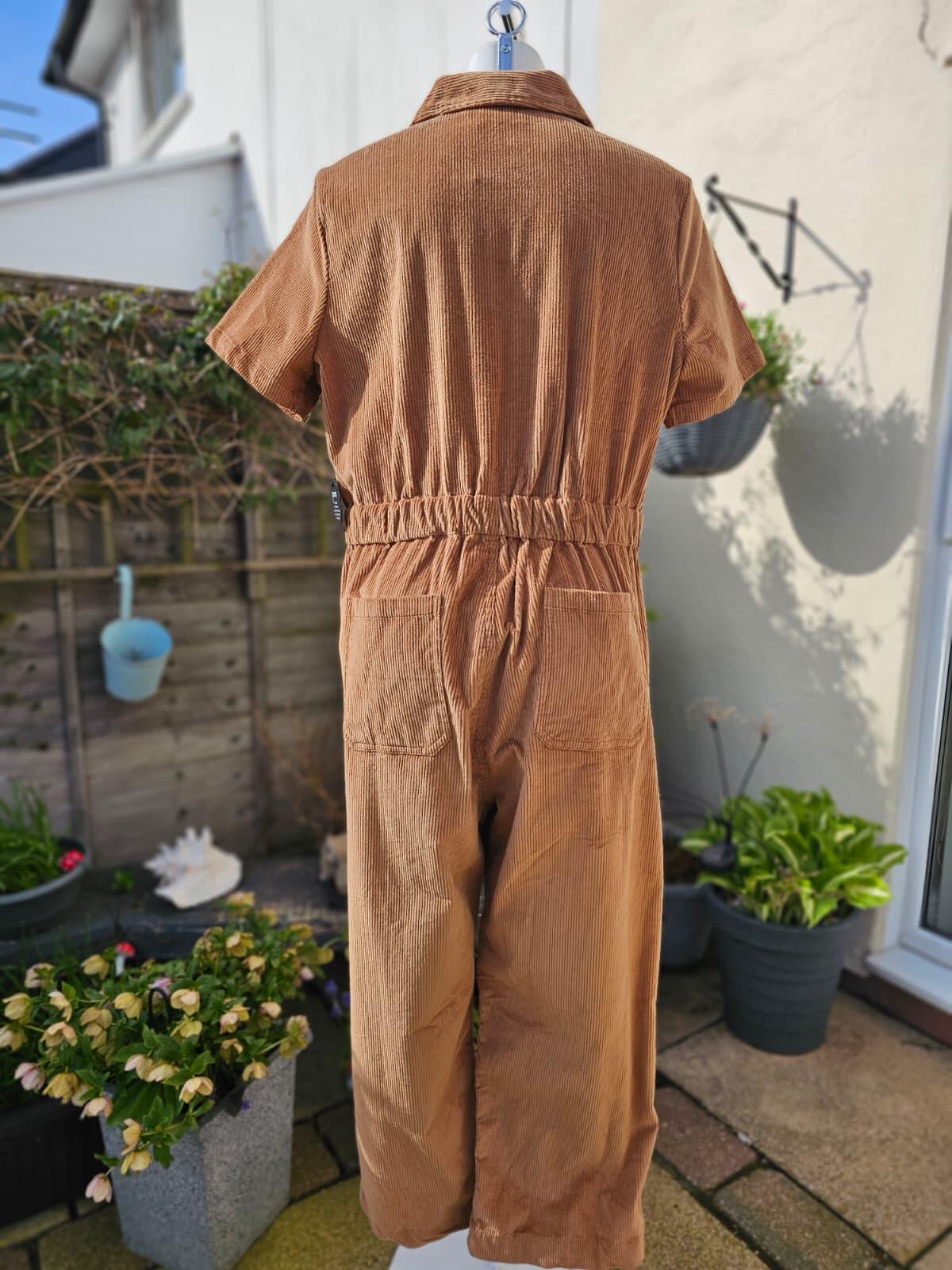Joanie Women's Robin Short Sleeve Corduroy Zip UP Boilersuit/Jump Suit -18-Brown