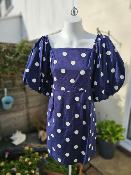 Joanie Women's Penny Polka Dot Print Square Neck Puff Sleeve Dress - UK 14