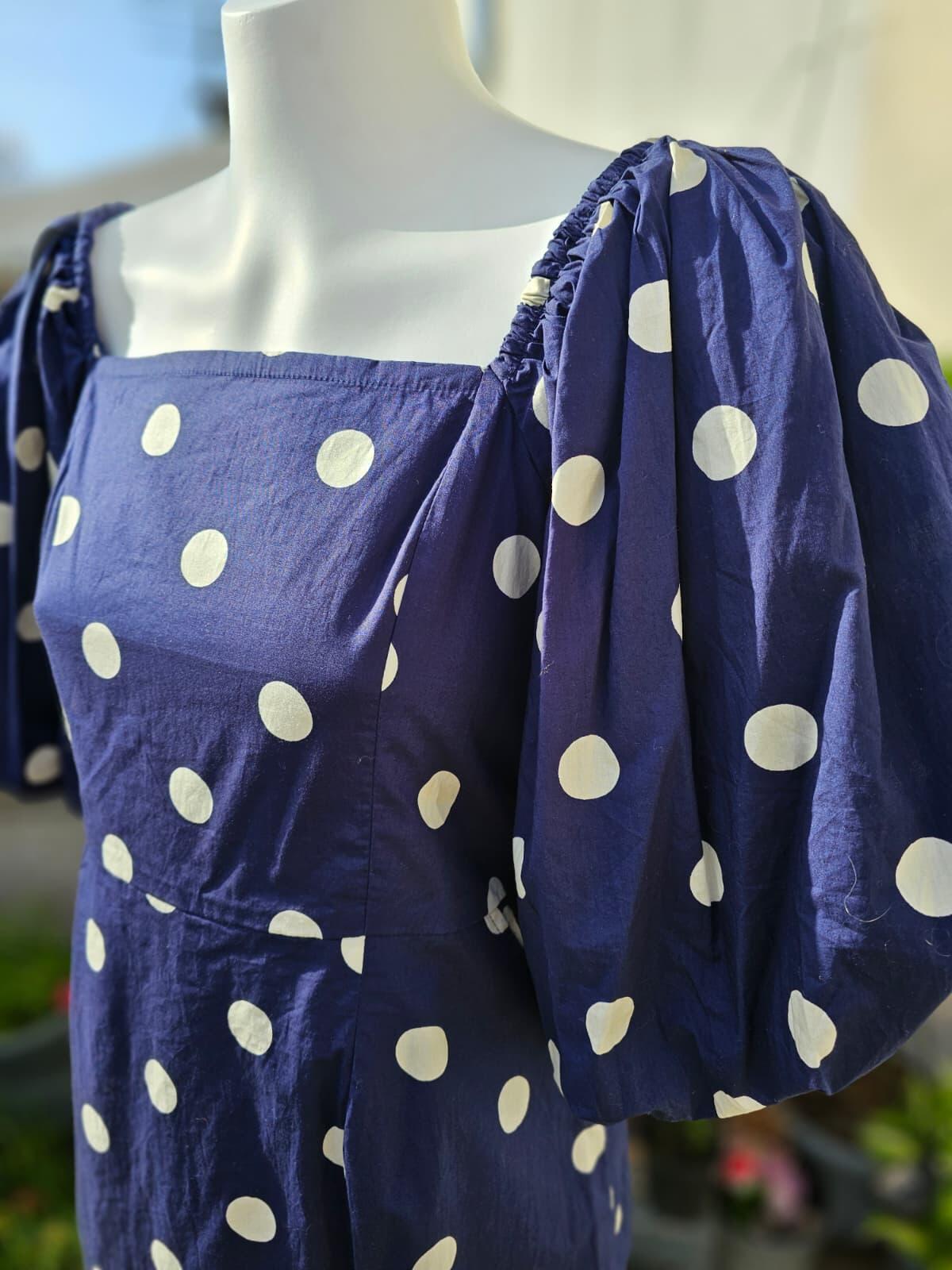 Joanie Women's Penny Polka Dot Print Square Neck Puff Sleeve Dress - UK 14